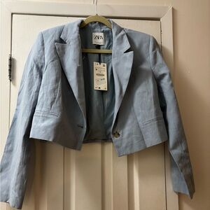 Zara Blue Fitted Blazer with Textured Fabric
